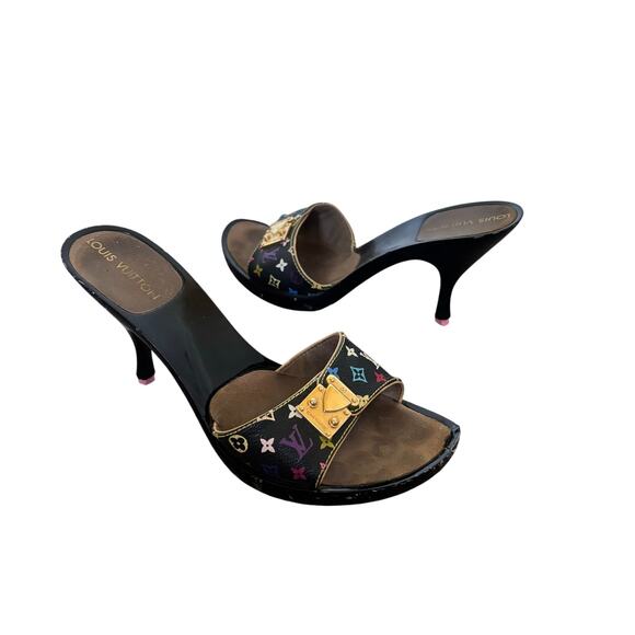 Louis Vuitton Y2K Murakami Black Multicolor LV Buckle Mule Sandals Heels EU 36.5 - Picture 1 of 14